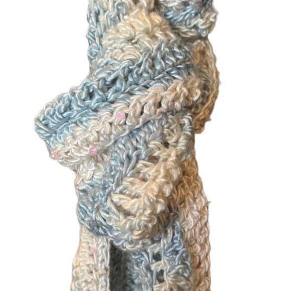 HAND Crocheted Cream & Light Blue Loose Weave Pinkish Subtly Sequined Scarf - Picture 3 of 7